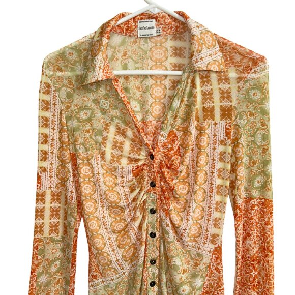Selfie Leslie Milla Button Up Sheer Blouse Orange Long Sleeve Top Size Small - Picture 6 of 8